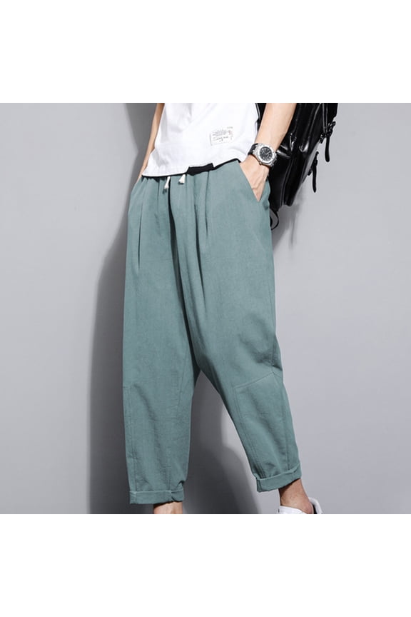 Baggy Cargo Pants Men Mens Cotton Linen Drawstring Pants Elastic Waist Casual Jogger Yoga Pants Soild Color Loose Fit Drawstring Summer Beach Pants for Men Jogger Yoga Trousers