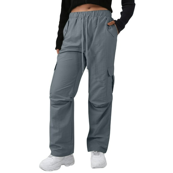 Baggy Cargo Pants Women Drawstring High Waisted Waterproof Hiking Pants Summer Wide Leg Tactical Pants with Pockets Gray S