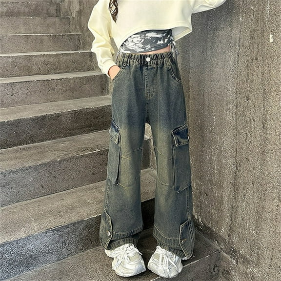Baggy Cargo Pants for Women Girls Wide Leg Jeans Y2k Hip Hop Streetwear Low Rise Oversized Jeans Grunge Clothes Blue Gothic Denim Overalls (7-8 Years, Light Blue)
