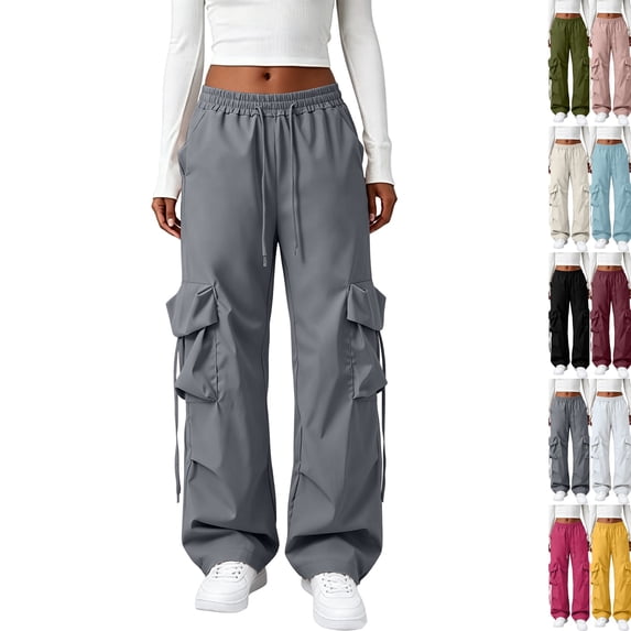Baggy Cargo Pants Women Low Rise Wide Leg Parachute Pants Comfy Riding Utility Hiking Pant with Pockets Travel Y2k Streetwear Dark Gray M
