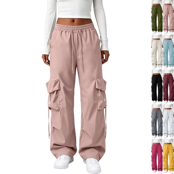 Baggy Cargo Pants Women Low Rise Wide Leg Parachute Pants Comfy Riding Utility Hiking Pant with Pockets Travel Y2k Streetwear Pink S