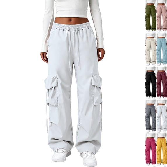 Baggy Cargo Pants Women Low Rise Wide Leg Parachute Pants Comfy Riding Utility Hiking Pant with Pockets Travel Y2k Streetwear White L