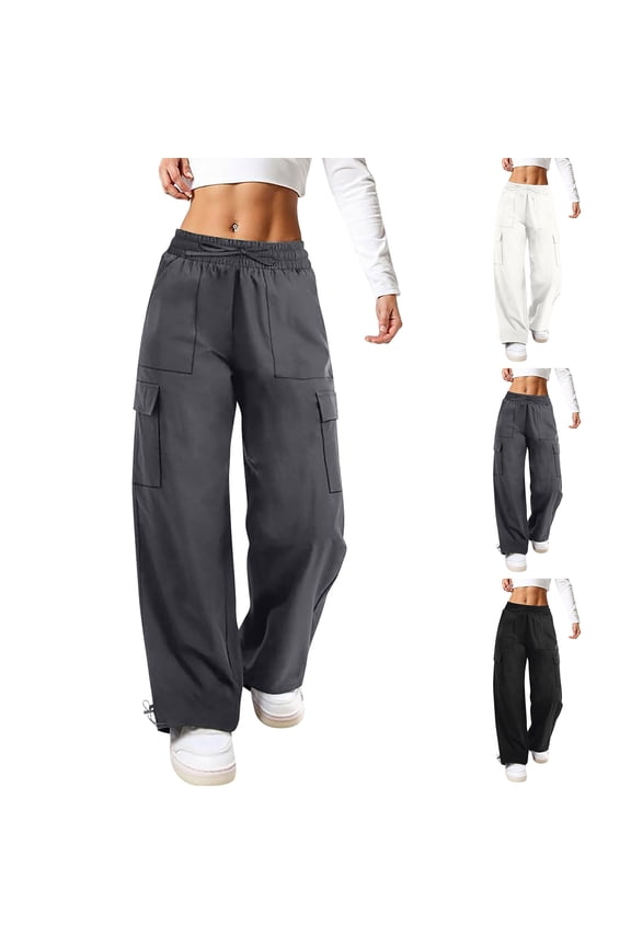 Baggy Cargo Pants Women Parachute Hiking Wide Leg Pants with Pockets Y2K Casual Travel Drawstring Sweatpants Gray 2XL