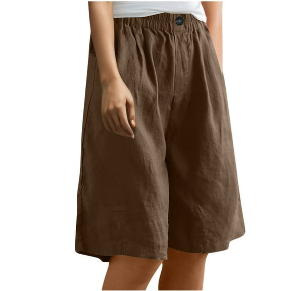 Baggy Cargo Pants Women Women's Summer Cotton Linen Shorts, Loose Fitting Bermuda Shorts, Elastic Waist Knee Length Baggy Shorts, Beach Vocation Short Pants with Pocket Brown S