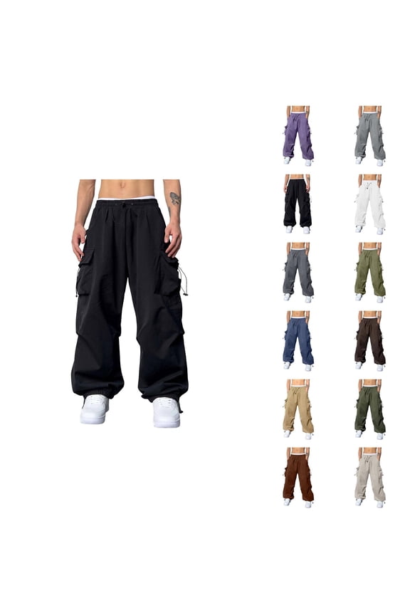Baggy Cargo Pants for Men Elastic Waist Drawstring Loose Casual Parachute Pants with Pockets Streetwear Trousers