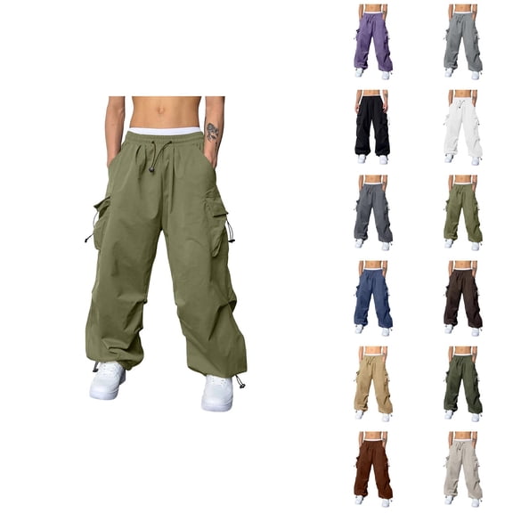 Baggy Cargo Pants for Men Elastic Waist Drawstring Loose Casual Parachute Pants with Pockets Streetwear Trousers