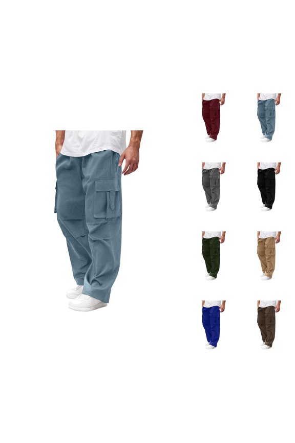 Baggy Cargo Pants for Men Solid Color Elastic Waist Drawstring Loose Fit Casual Pants with Pockets Trousers