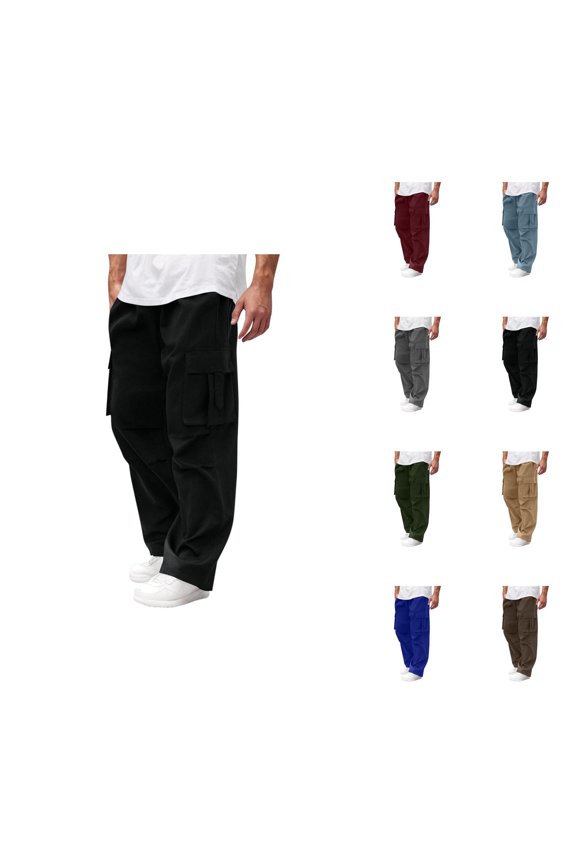 Baggy Cargo Pants for Men Solid Color Elastic Waist Drawstring Loose Fit Casual Pants with Pockets Trousers