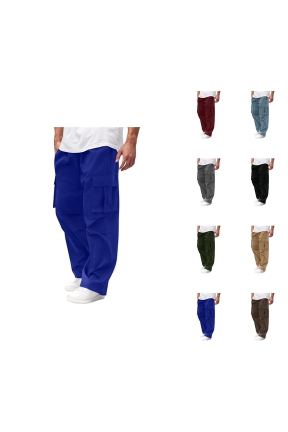 Baggy Cargo Pants for Men Solid Color Elastic Waist Drawstring Loose Fit Casual Pants with Pockets Trousers