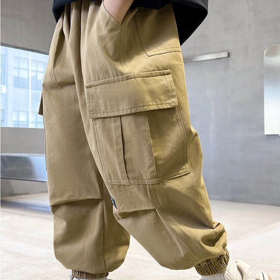 Baggy Cargo Pants for Teens Boys Size 8-15 Kids Cotton Elastic Waist Tapered Leg Solid Color Hiking Jogging Work Pant with Multi-Pockets