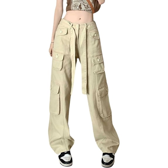 Baggy Cargo Pants for Women Casual Comfy Tie Drawstring Retro Streetwear Trousers Straight Leg Punk Pants with Multi Pockets
