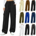 thumbnail image 1 of Baggy Cargo Pants for Women, Elastic Drawstring Waist Solid Casual Pants with Multi Pockets, Lounge Jogging Work Wear | VerBelle,Navy 2XL, 1 of 9