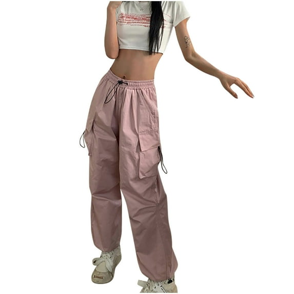 Baggy Cargo Pants for Women Fashion Drawcord Wide Leg Y2k Pants with 6 Pockets Elastic High Waist Work Sweatpants (3X-Large, Pink)