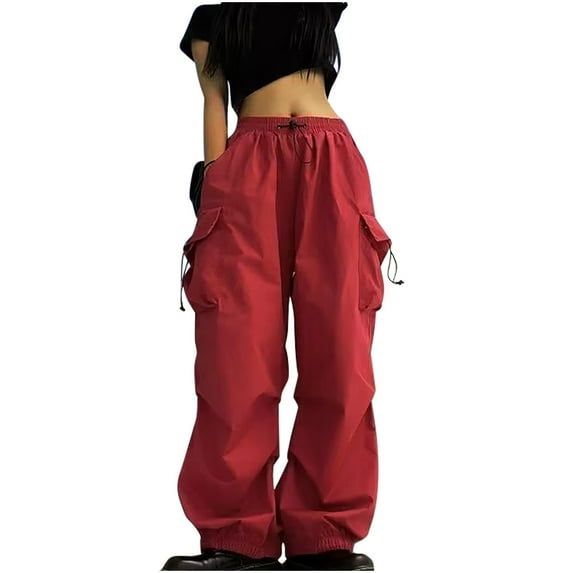 Baggy Cargo Pants for Women Fashion Drawcord Wide Leg Y2k Pants with 6 Pockets Elastic High Waist Work Sweatpants (XL, Red)