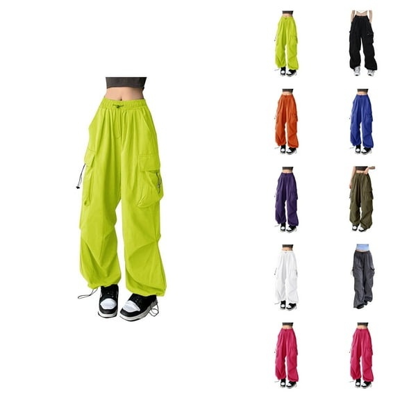 Baggy Cargo Pants for Women Vintage Wide Straight Leg Elastic Waist Loose Casual Pants with Pockets Trouser Streetwear