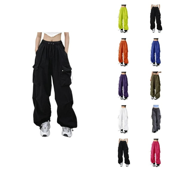 Baggy Cargo Pants for Women Vintage Wide Straight Leg Elastic Waist Loose Casual Pants with Pockets Trouser Streetwear