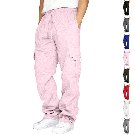 Baggy Cargo Sweatpants Mens Heavyweight Fleece Drawstring Pants with Pockets,Straight Leg Casual Joggers for Hiking Athletic Pink 2XL