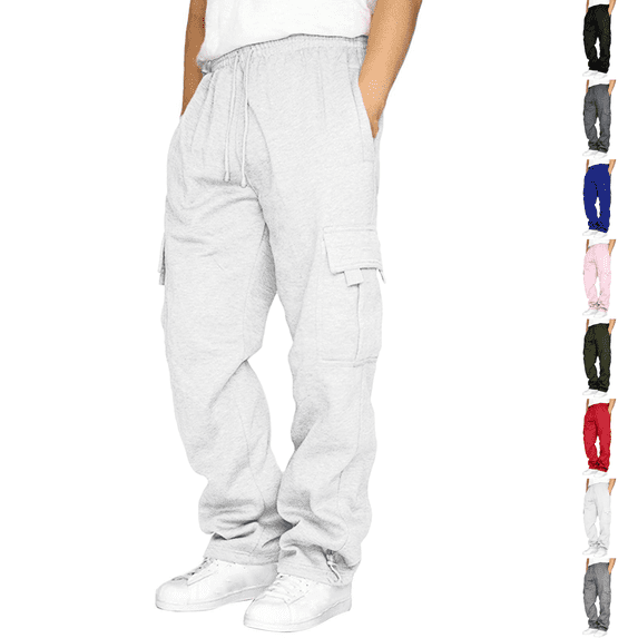 Baggy Cargo Sweatpants Mens Heavyweight Fleece Drawstring Pants with Pockets,Straight Leg Casual Joggers for Hiking Athletic White 4XL