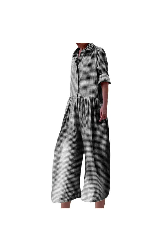 Baggy Checkered Jumpsuits for Women Cotton Linen Casual Loose Plaid Romper Long Sleeve Button Up Wide Leg Pants