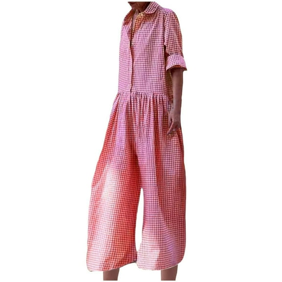 Baggy Checkered Jumpsuits for Women Cotton Linen Casual Loose Plaid Romper Long Sleeve Button Up Wide Leg Pants