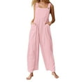thumbnail image 1 of Baggy Cotton Linen Overalls for Women Loose Relax Fit Straps Sleeveless Wide Leg Bib Pants Romper Jumpsuits w Pockets, 1 of 6