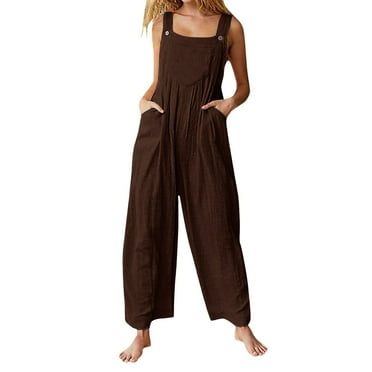 Baggy Cotton Linen Overalls for Women Loose Relax Fit Straps Sleeveless Wide Leg Bib Pants Romper Jumpsuits w Pockets