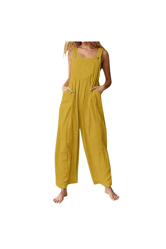 Baggy Cotton Linen Overalls for Women Loose Relax Fit Straps Sleeveless Wide Leg Bib Pants Romper Jumpsuits w Pockets