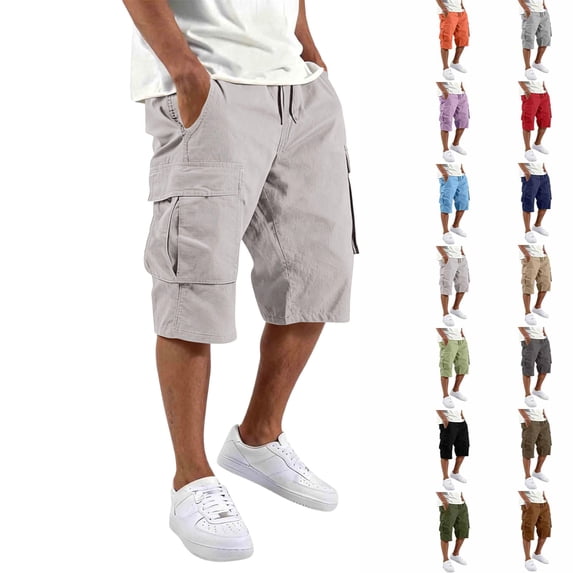 Baggy Fit Cargo Shorts for Men Elastic Waist Drawstring Multi Pockets Cotton Twill Bottoms Below Knee Daily Weekend Short Pants ,M,#02 White
