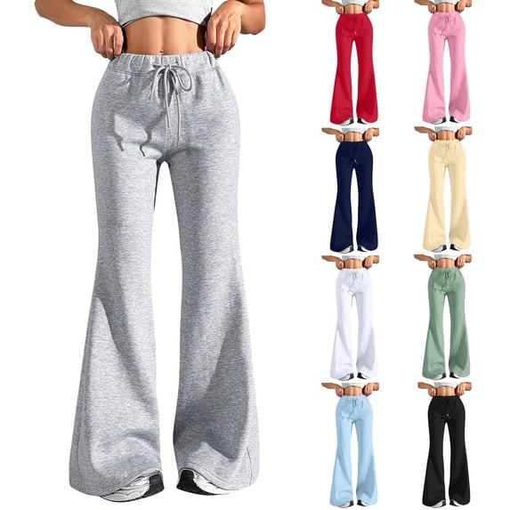 Baggy Flare Sweatpants Women Drawstring High Waisted Yoga Pants with Pockets Y2k Casual Flowy Wide Leg Pants Red L