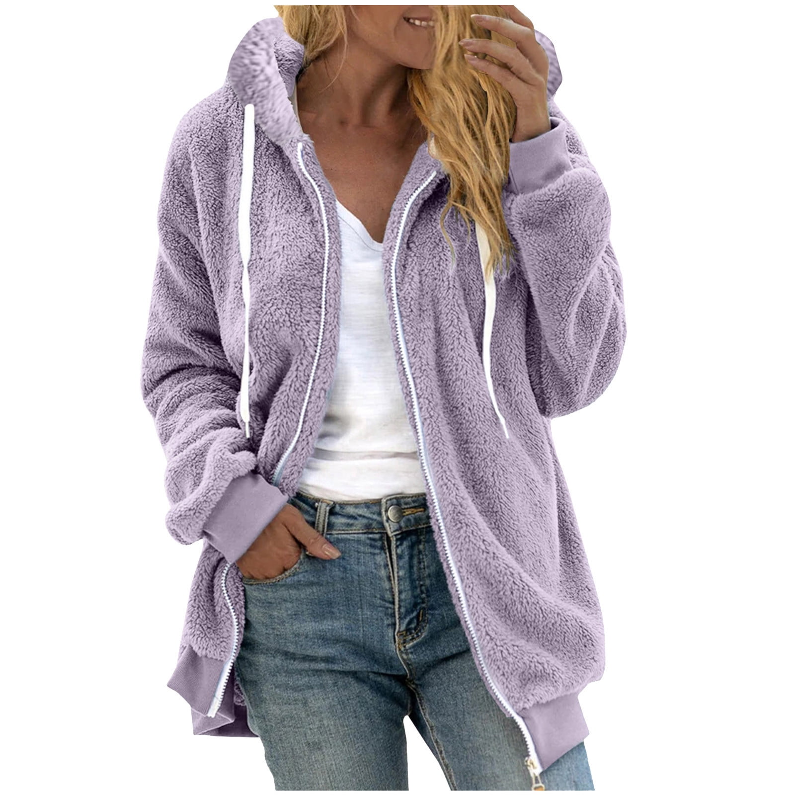 Baggy Fluffy Hoodie Jacket Full Zip-up Long Sleeve Womens