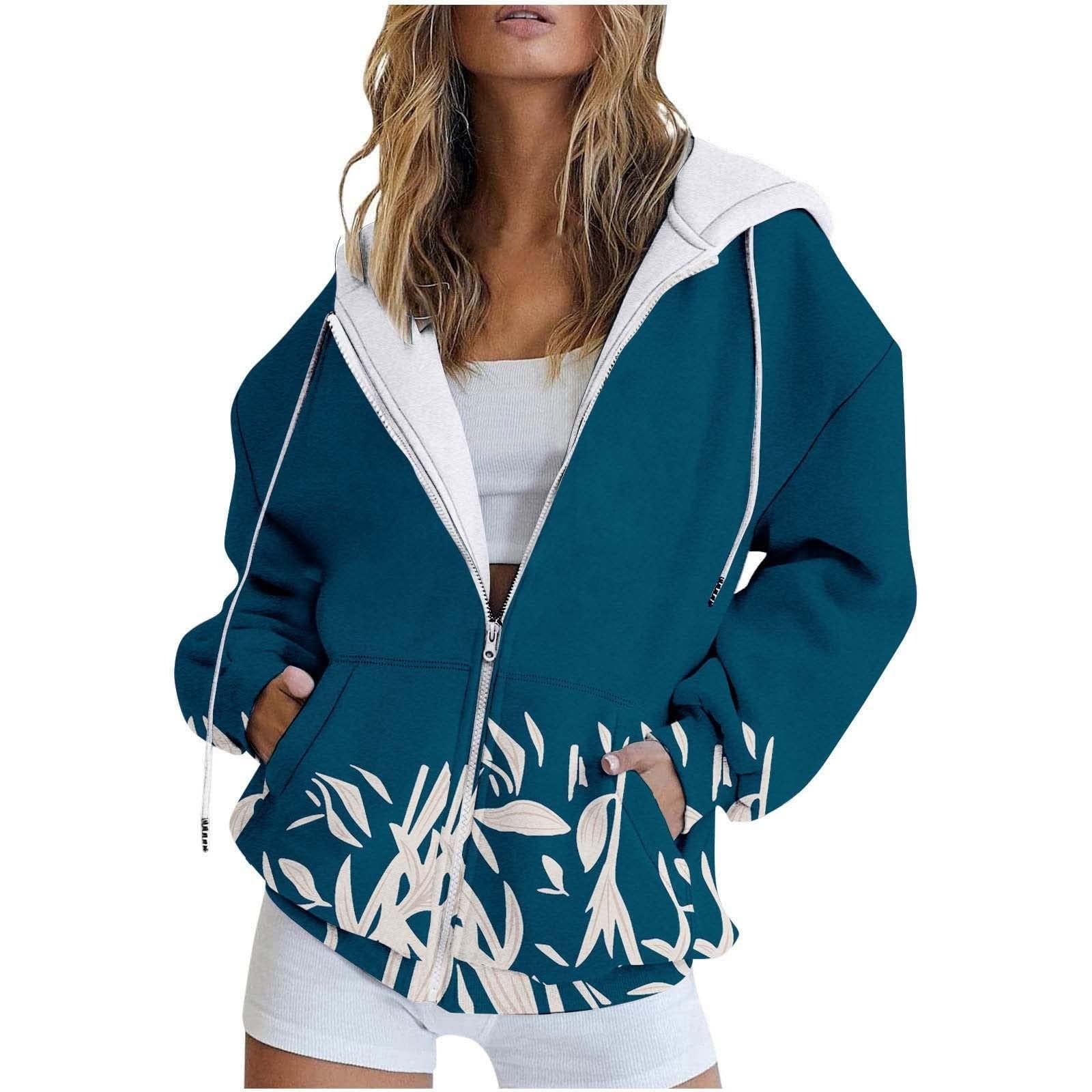 Baggy Full zip Jackets with Hood Pockets Women Cotton Fleece Lined Floral Print Hooded Sweatshirt Sports Coat Outwear Medium Green Walmart