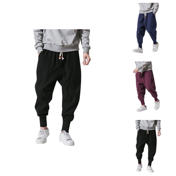Baggy Harem Pants for Men Cotton Linen Elastic Waist Drawstring Loose Casual Pants with Pockets Hippie Dance Trousers