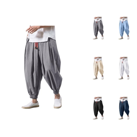 Baggy Harem Pants for Men Solid Color Elastic Waist Drawstring Loose Casual Pants with Pockets Hippie Dance Trousers