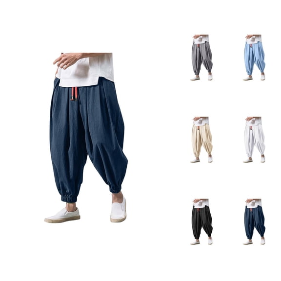 Baggy Harem Pants for Men Solid Color Elastic Waist Drawstring Loose Casual Pants with Pockets Hippie Dance Trousers