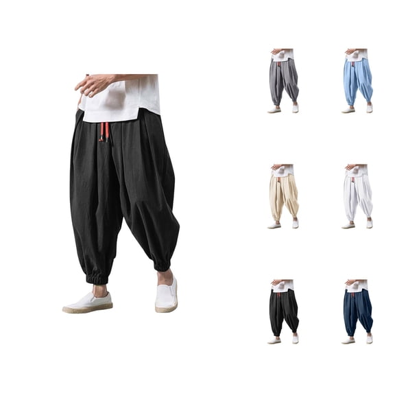 Baggy Harem Pants for Men Solid Color Elastic Waist Drawstring Loose Casual Pants with Pockets Hippie Dance Trousers