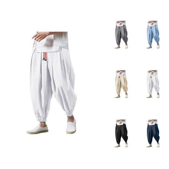 Baggy Harem Pants for Men Solid Color Elastic Waist Drawstring Loose Casual Pants with Pockets Hippie Dance Trousers