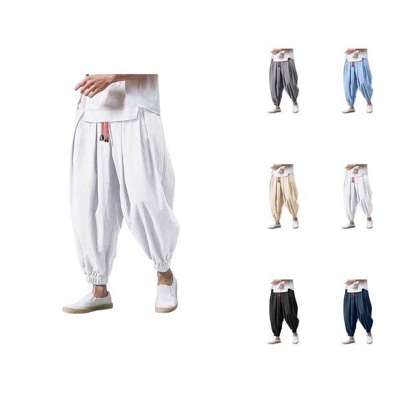 Baggy Harem Pants for Men Solid Color Elastic Waist Drawstring Loose Casual Pants with Pockets Hippie Dance Trousers