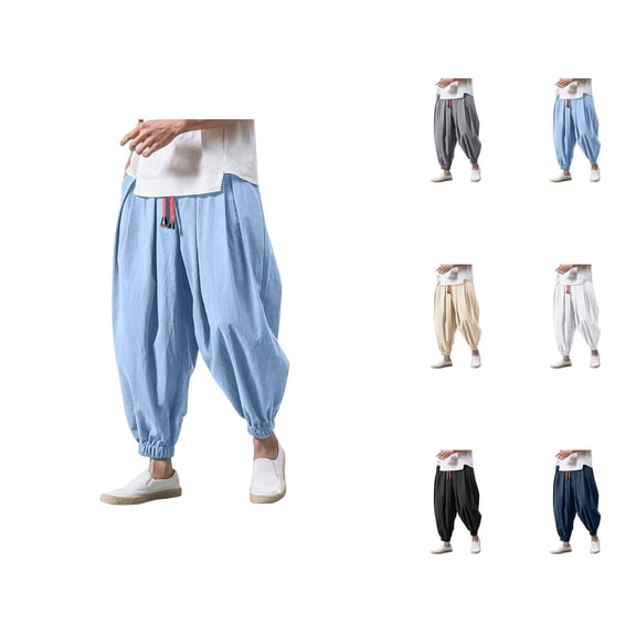 Baggy Harem Pants for Men Solid Color Elastic Waist Drawstring Loose Casual Pants with Pockets Hippie Dance Trousers