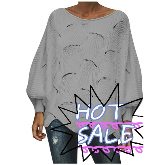 Baggy Hollow Out Crocheted Sweater for Women Trendy Light Weight Solid Color Batwing Sleeve Sweatshirts Out Work Big Crew Neck Irregular Hem Sweater