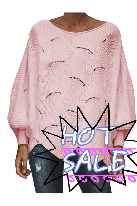 Baggy Hollow Out Crocheted Sweater for Women Trendy Light Weight Solid Color Batwing Sleeve Sweatshirts Out Work Big Crew Neck Irregular Hem Sweater