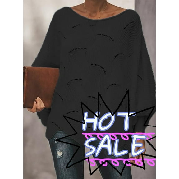 Baggy Hollow Out Crocheted Sweater for Women Trendy Light Weight Solid Color Batwing Sleeve Sweatshirts Out Work Big Crew Neck Irregular Hem Sweater