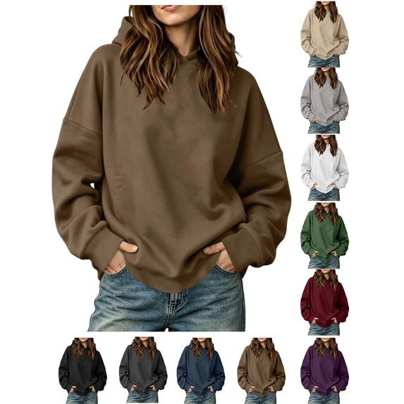 Baggy Hoodie Zaewscy Fashion Women's Casual Comfortable Solid Hoodie Long Sleeve Hooded Sweatshirt Blouse Coffee M