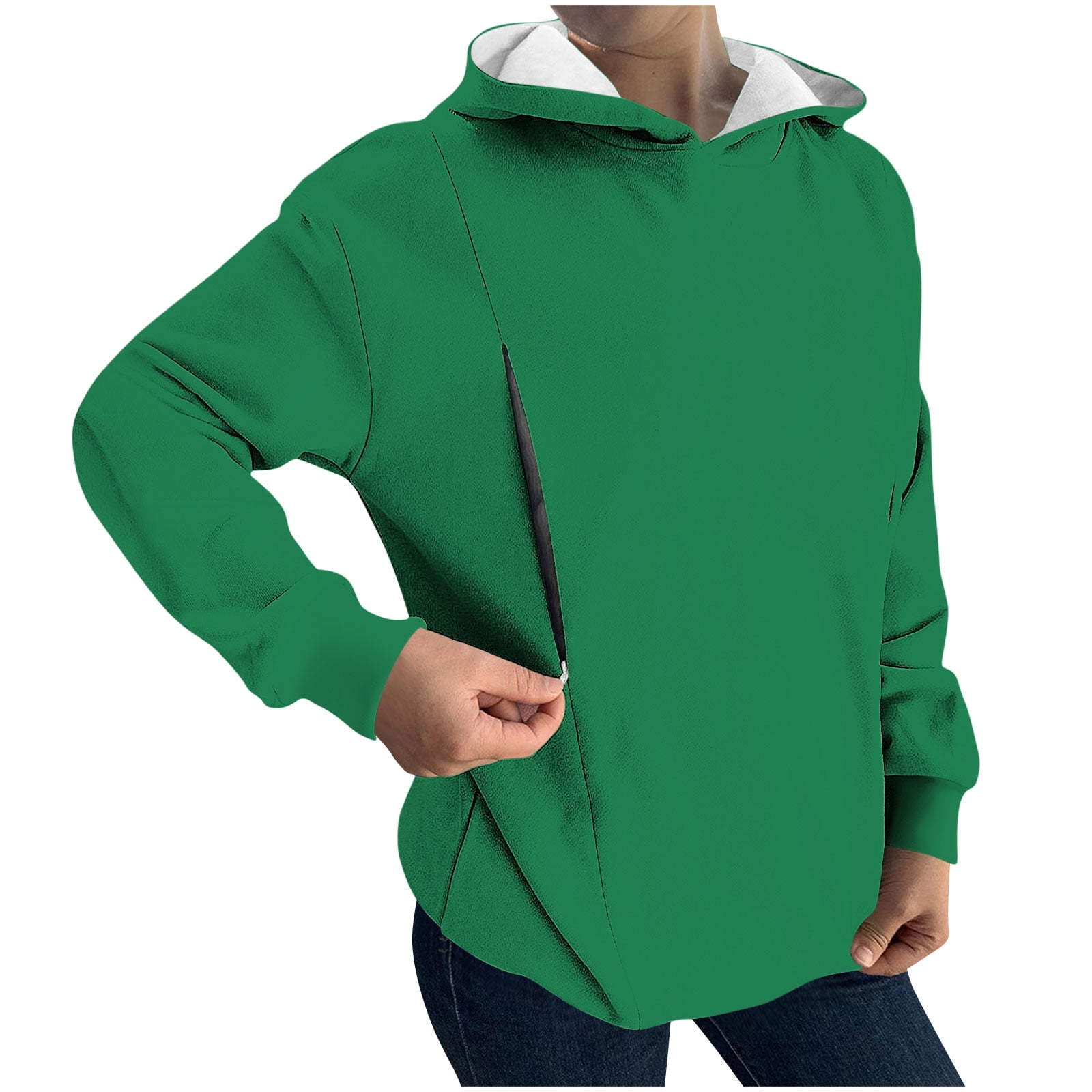 Ofably Solid Cotton Maternity Nursing Zipper Hoodie- Olive Green (OFMH0OLVEZIPR07)