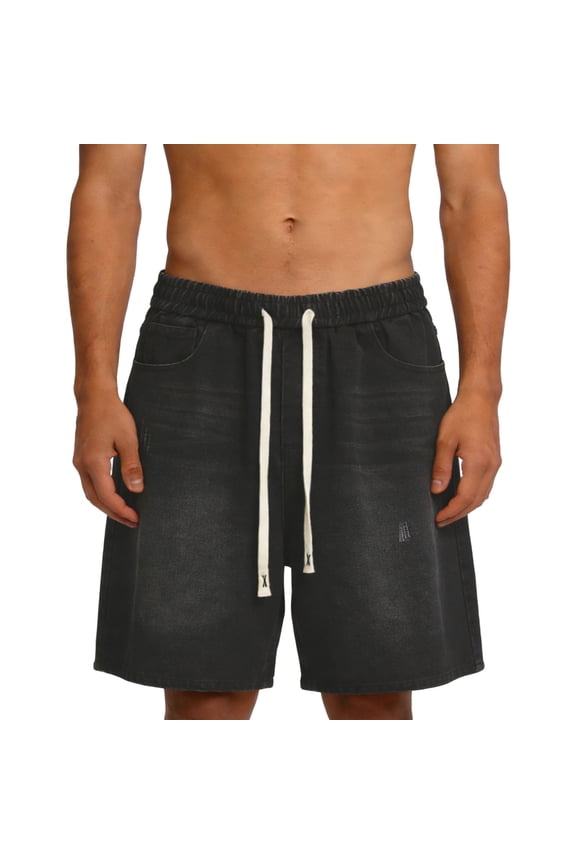 Baggy Jean Shorts Men, Y2k Jorts Vintage Washed Elastic Waist, Mens Denim Shorts Comfy Casual Streetwear Summer Black