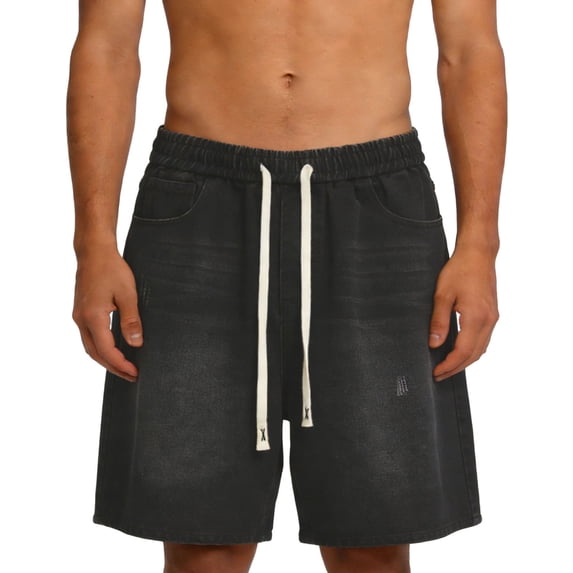 Baggy Jean Shorts Men, Y2k Jorts Vintage Washed Elastic Waist, Mens Denim Shorts Comfy Casual Streetwear Summer Black