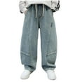 thumbnail image 1 of Baggy Jeans For Boys 10-12 Teen Boys Straight Wide Leg Denim Pants Stretch Elastic Elastic Waist Drawstring Jeans Denim Cargo Pants Hop Streetwear, 4-14 Years, 1 of 6