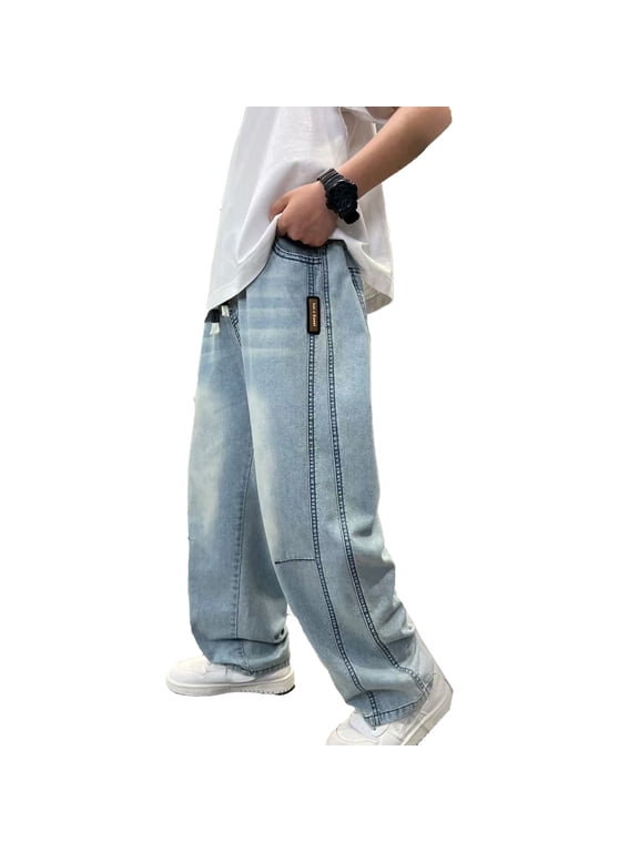 Baggy Jeans Boys 16 Comfy Elastic Waist Pull on Wide Leg Denim Pants Loose fit Plain Streetwear Trousers Back To School Fashion