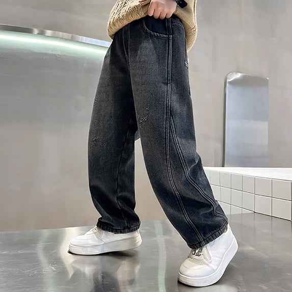 Baggy Jeans Boys Baggy Straight Leg Jeans With Elastic Waist Loose Wide Leg Denim Pants With Pockets Casual School Streetwear For Kids Boys' Jeans Trendy Preppy Teen Clothes 4–15Y #01 Black,120=4-5Y