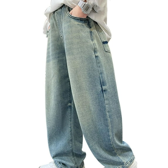 Baggy Jeans For Boys Kids Cargo Pants For Men Baggy Jeans Boys Y2K Straight Wide Leg Elastic Waist Pull On Loose Denim Pants With Pockets For Kids 4-14 Years #03 Sky Blue,13-14Y