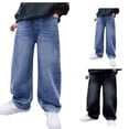 thumbnail image 1 of Baggy Jeans Boys Y2K Straight Wide Leg Denim Pants Kids Casual Elastic Waist Loose Trousers Pockets Streetwear Light Blue 7 Years-8 Years, 1 of 6